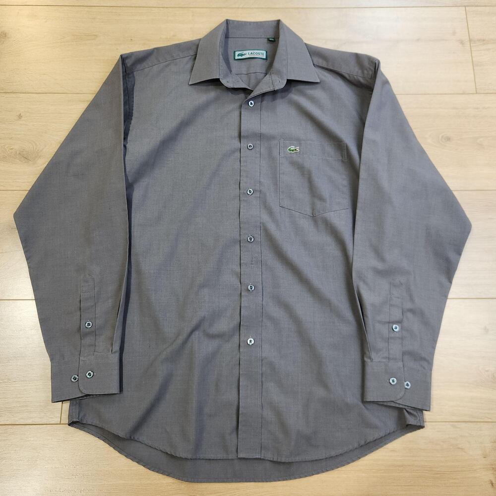 Lacoste Dress Shirt Mens 16.5 34-35 Gray Solid Logo Made In France Long Sleeve
